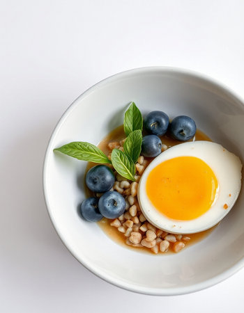 White porcelain bowl with quail egg, blueberries and basilの写真素材