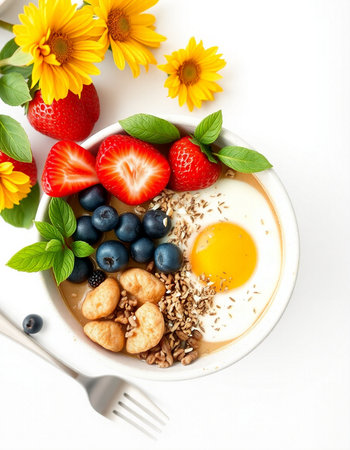 Healthy breakfast with oatmeal, berries and fried egg on white backgroundの写真素材