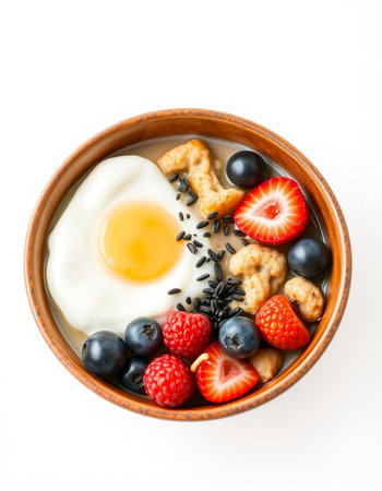 Bowl of oatmeal with fresh berries and egg on white backgroundの写真素材
