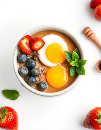 Healthy breakfast. Oatmeal porridge with berries and egg on white backgroundの写真素材
