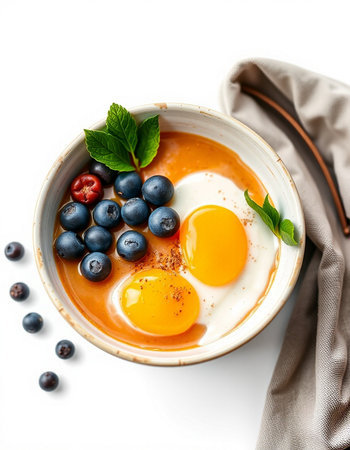 Fried eggs with blueberries and mint in bowl on white backgroundの写真素材