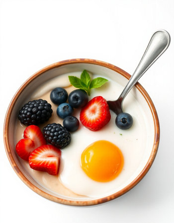 Bowl of yoghurt with fresh berries on white backgroundの写真素材