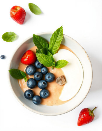Panna cotta with fresh berries and mint on a white backgroundの写真素材