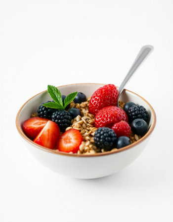 bowl of muesli with fresh berries and spoon on white backgroundの写真素材