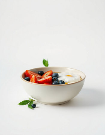 Yogurt with strawberries and blueberries in a bowl on a white backgroundの写真素材