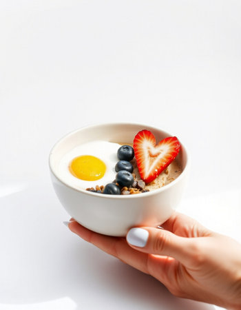 Healthy breakfast with oatmeal, berries and eggの写真素材