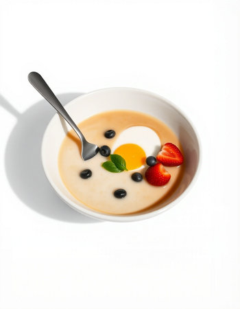 Bowl of porridge with strawberries, blueberries and egg on white backgroundの写真素材