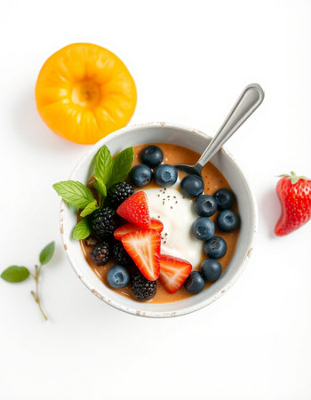 Healthy breakfast bowl with yoghurt and berries on white backgroundの写真素材