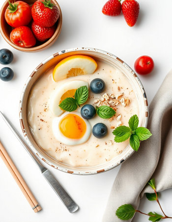 Oatmeal porridge with berries and egg in bowl on white backgroundの写真素材