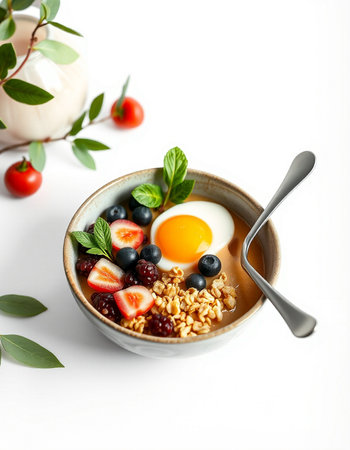Healthy breakfast with oatmeal, berries and fried egg on white backgroundの写真素材