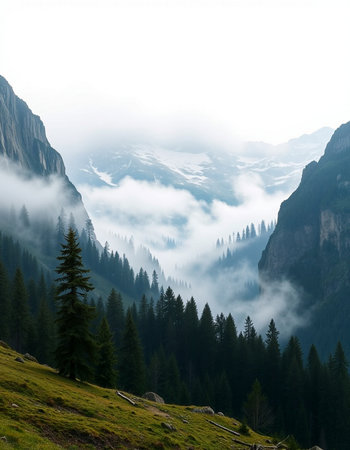 Mountain landscape with fir forest and fog in the valley, Switzerlandの写真素材