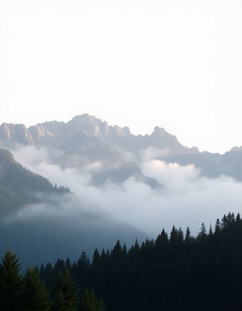 View of the mountains in the fogの写真素材