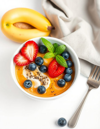 Healthy breakfast bowl with fresh berries on a white backgroundの写真素材