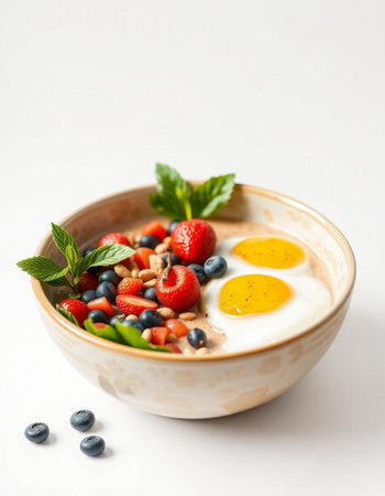 Healthy breakfast bowl with berries and eggs on white backgroundの写真素材