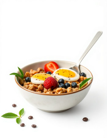 Bowl of muesli with berries and egg isolated on white backgroundの写真素材