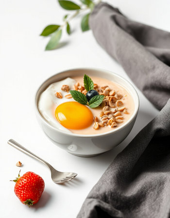 Healthy breakfast - oatmeal with granola and egg on white backgroundの写真素材