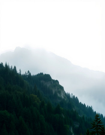 Mountain landscape with fog and coniferous forest in the foregroundの写真素材