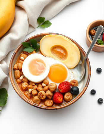 Breakfast with fried eggs, avocado and chickpeas on white backgroundの写真素材