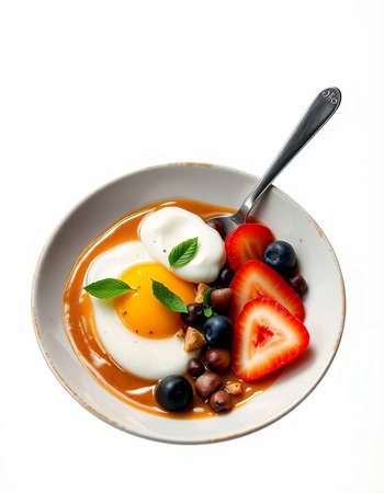 Fried egg with strawberries, blueberries and hazelnuts on a white backgroundの写真素材