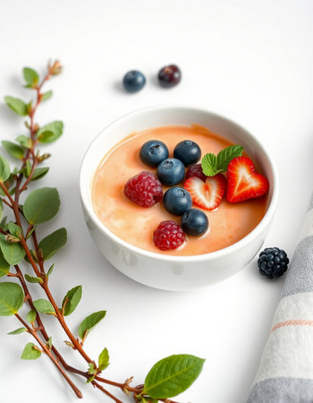 Creamy smoothie with berries in a bowl on a white backgroundの写真素材