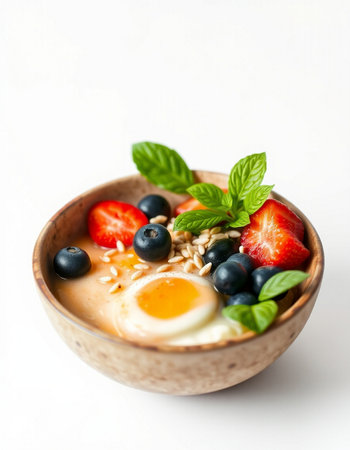 Oatmeal porridge with strawberries, blueberries and egg in a bowlの写真素材