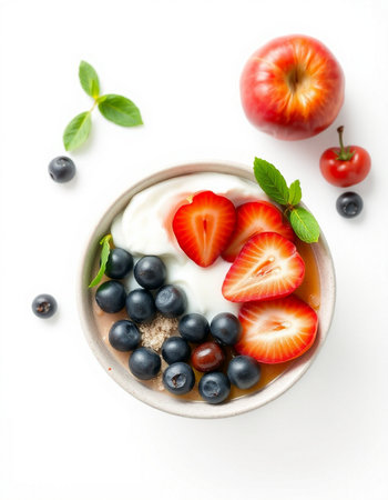 Healthy breakfast bowl with yogurt, strawberries, blueberries and mint on white backgroundの写真素材