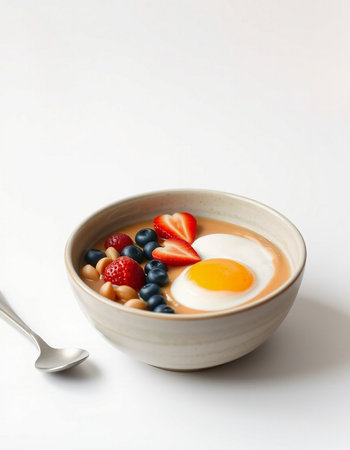 bowl of oat porridge with berries and egg on white backgroundの写真素材