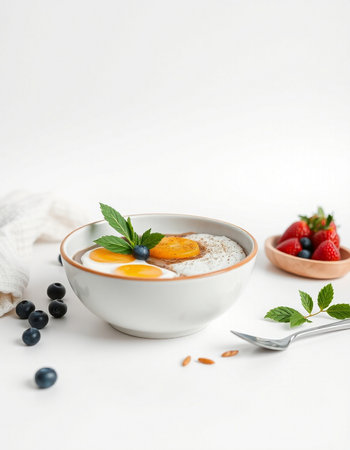Healthy breakfast with oatmeal, yogurt and fresh berries on white backgroundの写真素材