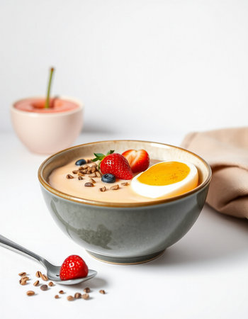 A bowl of delicious yogurt with fresh strawberries and granola on a white backgroundの写真素材