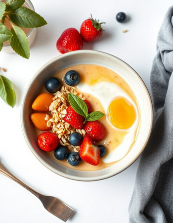 Healthy breakfast bowl with oatmeal, berries and yogurt on white backgroundの写真素材