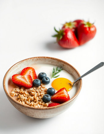 Breakfast with muesli and fresh berries on a white backgroundの写真素材
