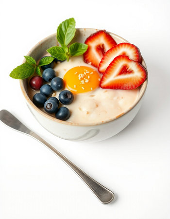 Bowl of oatmeal with berries and egg on a white backgroundの写真素材