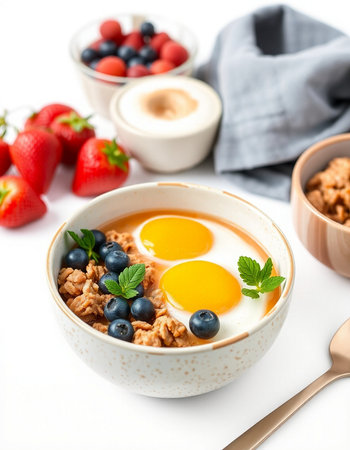 Healthy breakfast with oatmeal, yogurt, berries and granola on white backgroundの写真素材