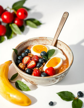 Healthy breakfast bowl with oatmeal, fresh berries, yogurt and eggの写真素材