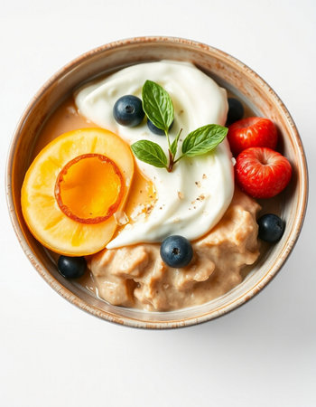Oatmeal porridge with fresh berries and yogurt in bowl on white backgroundの写真素材