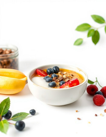 Healthy breakfast with yogurt, berries and granola on white backgroundの写真素材