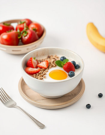Healthy breakfast with oatmeal, fresh berries and egg on white backgroundの写真素材