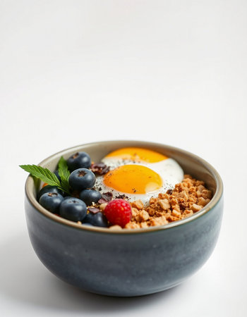 Breakfast bowl with oatmeal, berries and egg on white backgroundの写真素材