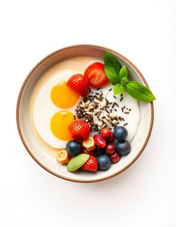 Yogurt with fresh berries and omelet on white backgroundの写真素材