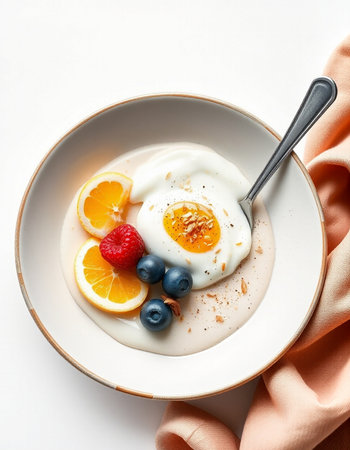Healthy breakfast with yogurt, berries and fruits on white background.の写真素材