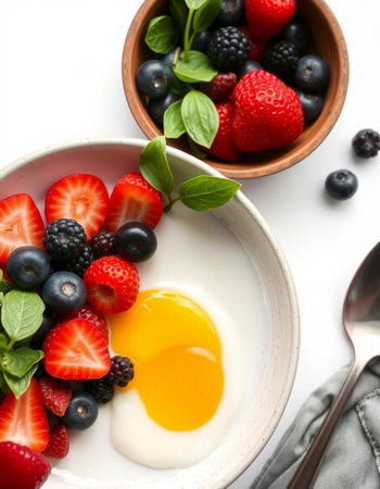 Bowls with tasty breakfast on white background, top view. Healthy foodの写真素材
