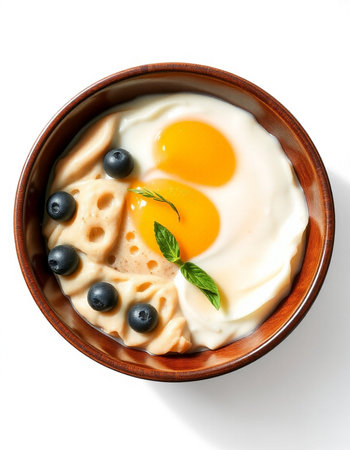 Fried eggs in a bowl with blueberries and mint on white backgroundの写真素材