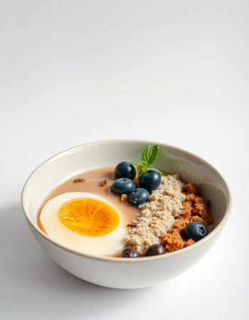 Oatmeal porridge with blueberry in a white bowlの写真素材