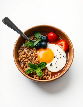 Bowl of buckwheat porridge with egg and berries on white backgroundの写真素材