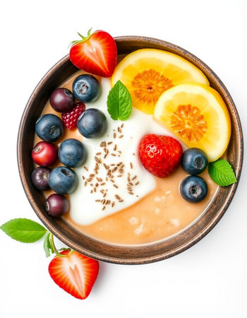 Healthy breakfast bowl with yoghurt, fresh berries and fruitsの写真素材