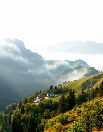 Mountain landscape with fog in the italian alps at summerの写真素材