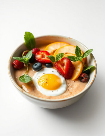 Oatmeal porridge with strawberries, blueberries, oranges and eggの写真素材