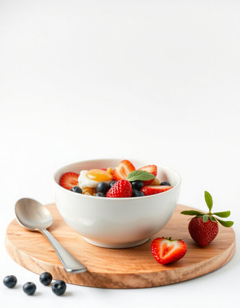 bowl of muesli with strawberries and blueberries on white backgroundの写真素材