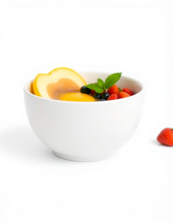 bowl of fruit salad with strawberries, peach and mint isolated on white backgroundの写真素材