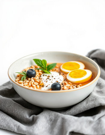 Bowl of tasty borscht with eggs and berries on tableの写真素材